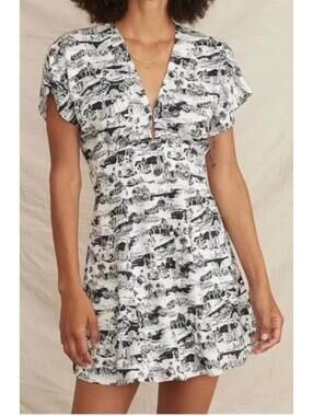 Marine Layer Toile Black/White V Neck Short Sleeve tie Waist Button Up Dress L